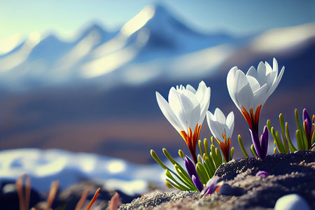 Beautiful bokeh crocus spring flowers on blurred mountains background stylized illustration. Generative AIの素材