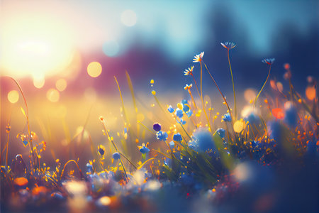 Beautiful bokeh tender spring flowers and herbs stylized illustration. Generative AIの素材