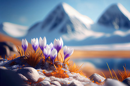 Beautiful bokeh crocus spring flowers on blurred mountains background stylized illustration. Generative AIの素材