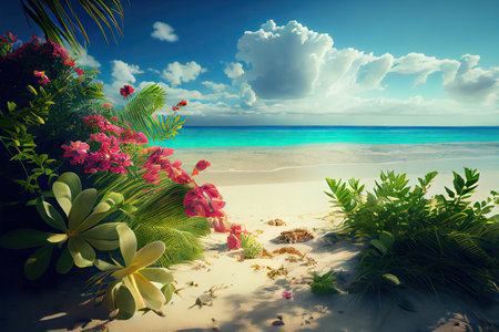 Bushes with tropical flowers growing on a sandy beach near ocean. Generative AIの素材