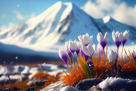 Beautiful bokeh crocus spring flowers on blurred mountains background stylized illustration. Generative AIの素材