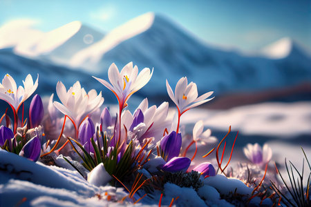 Beautiful bokeh crocus spring flowers on blurred mountains background stylized illustration. Generative AIの素材