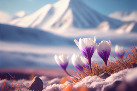 Beautiful bokeh crocus spring flowers on blurred mountains background stylized illustration. Generative AIの素材