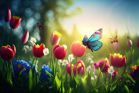 Beautiful meadow with tulips spring flowers stylized illustration. Generative AIの素材
