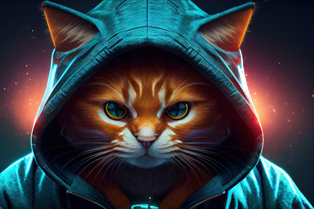 The mysterious cat hacker is wearing a hoodie. Generative AIの素材
