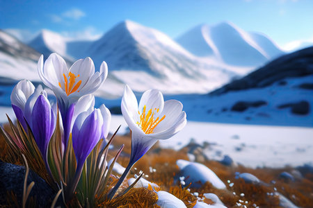 Beautiful bokeh crocus spring flowers on blurred mountains background stylized illustration. Generative AIの素材