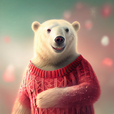White polar bear wearing sweater with festive pattern. Generative AIの素材