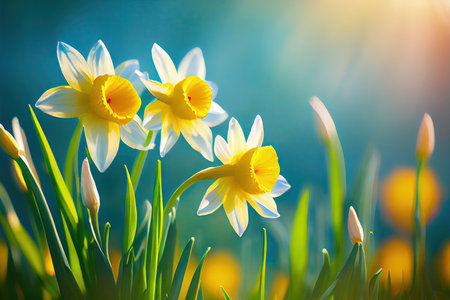 Beautiful bokeh meadow with daffodils spring flowers stylized illustration. Generative AIの素材