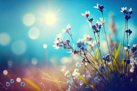 Beautiful bokeh tender spring flowers and herbs stylized illustration. Generative AIの素材