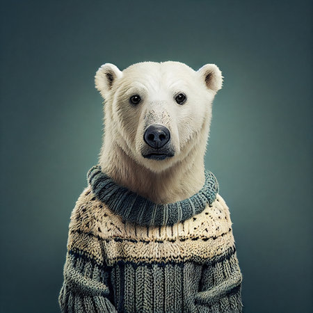 White polar bear wearing sweater with festive pattern. Generative AIの素材