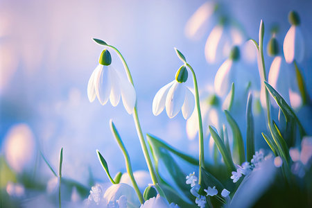 Beautiful bokeh meadow with snowdrops spring flowers stylized illustration. Generative AIの素材
