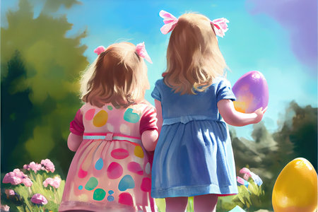 Which one do you want. happy girl holding easter painted eggs. kid wear bunny ears. child in rabbit costume. spring holiday fun. happy easter. egg hunting. childhood happiness. Getting ready for Easterの素材