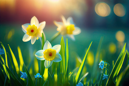 Beautiful bokeh meadow with daffodils spring flowers stylized illustration. Generative AIの素材