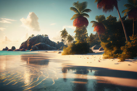 Tropical coastline and ocean view at sunset. Generative AIの素材