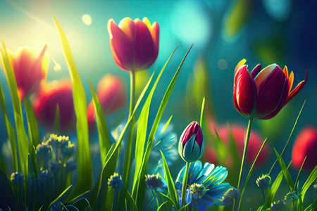 Beautiful meadow with tulips spring flowers stylized illustration. Generative AIの素材