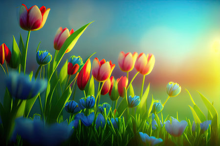 Beautiful meadow with tulips spring flowers stylized illustration. Generative AIの素材