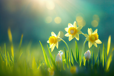 Beautiful bokeh meadow with daffodils spring flowers stylized illustration. Generative AIの素材