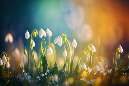 Beautiful bokeh meadow with snowdrops spring flowers stylized illustration. Generative AIの素材