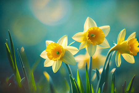 Beautiful bokeh meadow with daffodils spring flowers stylized illustration. Generative AIの素材
