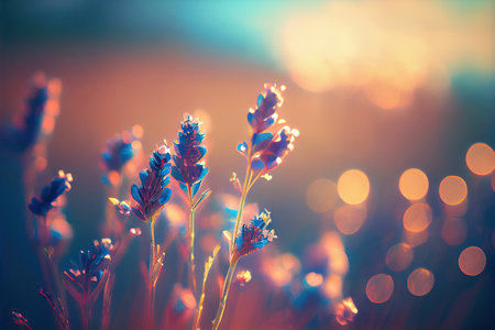 Beautiful bokeh tender spring flowers and herbs stylized illustration. Generative AIの素材