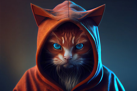 The mysterious cat hacker is wearing a hoodie. Generative AIの素材