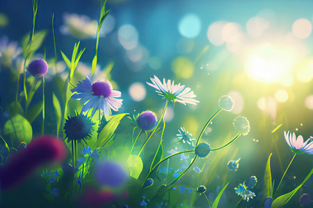 Beautiful bokeh tender spring flowers and herbs stylized illustration. Generative AIの素材