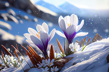 Beautiful bokeh crocus spring flowers on blurred mountains background stylized illustration. Generative AIの素材