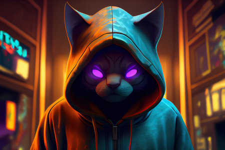 The mysterious cat hacker is wearing a hoodie. Generative AIの素材