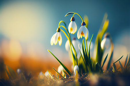 Beautiful bokeh meadow with snowdrops spring flowers stylized illustration. Generative AIの素材