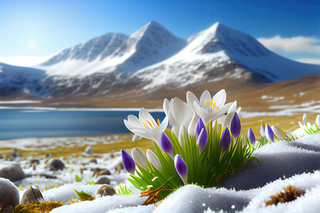 Beautiful bokeh crocus spring flowers on blurred mountains background stylized illustration. Generative AIの素材