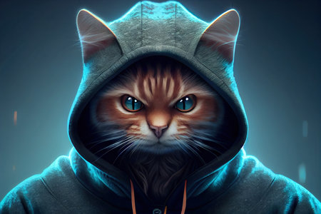 The mysterious cat hacker is wearing a hoodie. Generative AIの素材