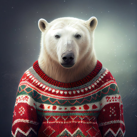 White polar bear wearing sweater with festive pattern. Generative AIの素材