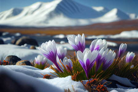 Beautiful bokeh crocus spring flowers on blurred mountains background stylized illustration. Generative AIの素材