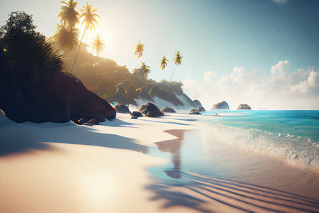 Tropical coastline and ocean view at sunset. Generative AIの素材