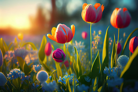 Beautiful meadow with tulips spring flowers stylized illustration. Generative AIの素材