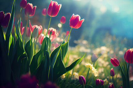 Beautiful meadow with tulips spring flowers stylized illustration. Generative AIの素材