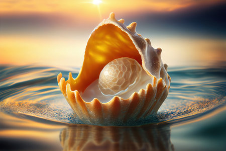 Beautiful white pearl inside golden shell on a beach, sundown. Generative AIの素材