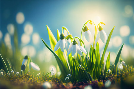 Beautiful bokeh meadow with snowdrops spring flowers stylized illustration. Generative AIの素材