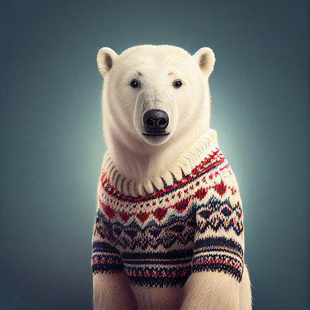 White polar bear wearing sweater with festive pattern. Generative AIの素材