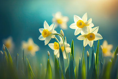 Beautiful bokeh meadow with daffodils spring flowers stylized illustration. Generative AIの素材