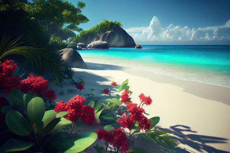 Bushes with tropical flowers growing on a sandy beach near ocean. Generative AIの素材