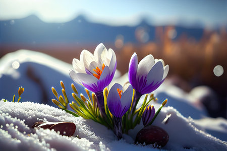 Beautiful bokeh crocus spring flowers on blurred mountains background stylized illustration. Generative AIの素材