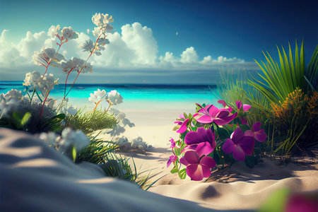 Bushes with tropical flowers growing on a sandy beach near ocean. Generative AIの素材