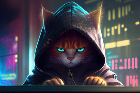 The mysterious cat hacker is wearing a hoodie. Generative AIの素材