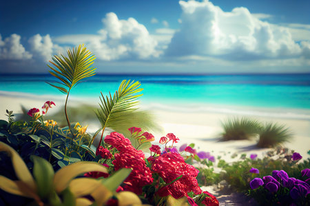 Bushes with tropical flowers growing on a sandy beach near ocean. Generative AIの素材