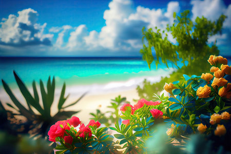 Bushes with tropical flowers growing on a sandy beach near ocean. Generative AIの素材