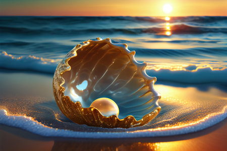 Beautiful white pearl inside golden shell on a beach, sundown. Generative AIの素材