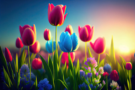 Beautiful meadow with tulips spring flowers stylized illustration. Generative AIの素材
