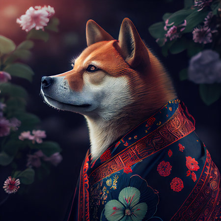 Portrait of shiba inu wearing kimono. Generative AIの素材