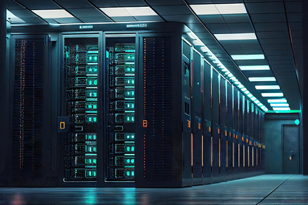 Dark data center room with computers and lights. Generative AIの素材